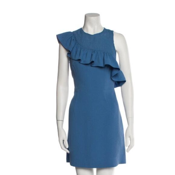 Sandro Sheath Dress Blue Ruffle One Shoulder Size 3 (U.S. Size 6/8) MSRP $295 - Picture 1 of 7